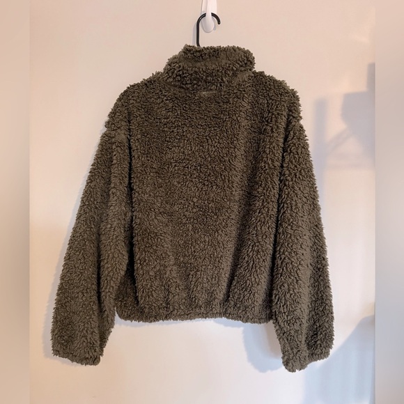 H&M Green Teddy Zip Pullover Jacket Women’s Medium Faux Shearling Fleece - Picture 2 of 9